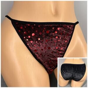 Vintage Van Mar String Bikini Panties Sz 6 Medium Red Black Velvet Foil Dot Y2K